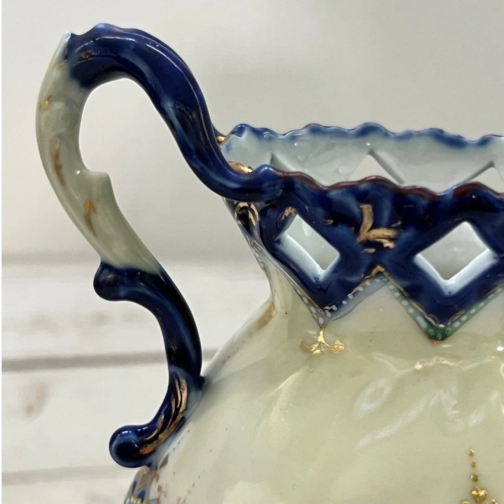 Porcelain Vase Cobalt Blue Gold Gilt Portrait Floral 9.25in